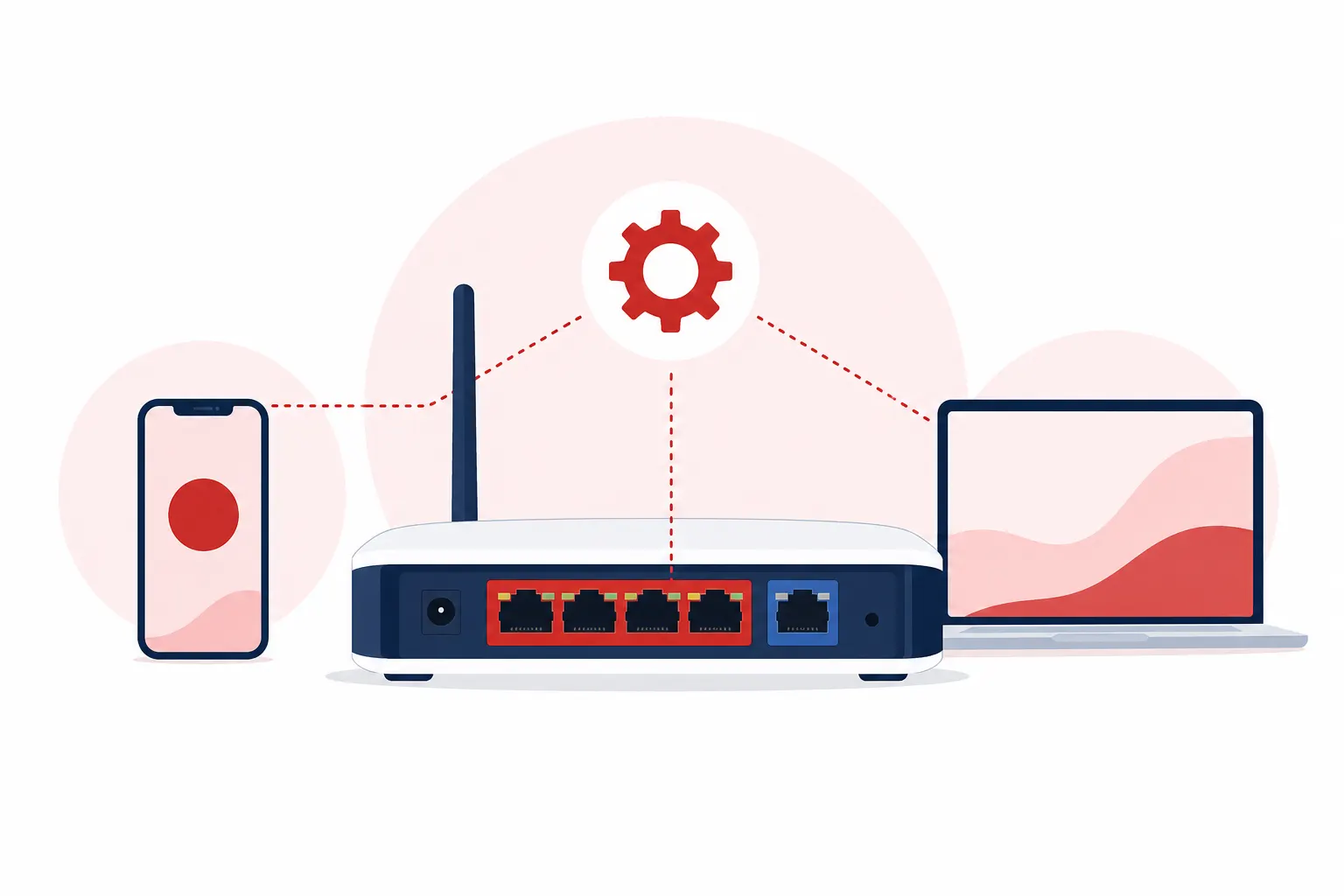 Router doméstico con un portátil mostrando una configuración de red