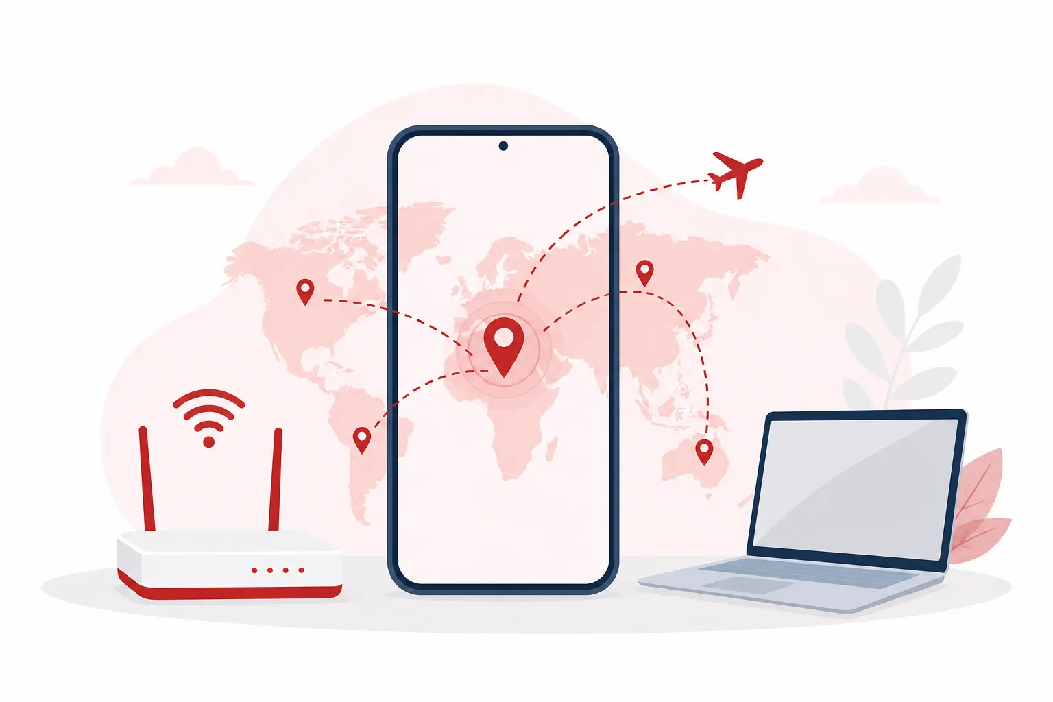 Móvil con señal de roaming sobre un mapa de viaje