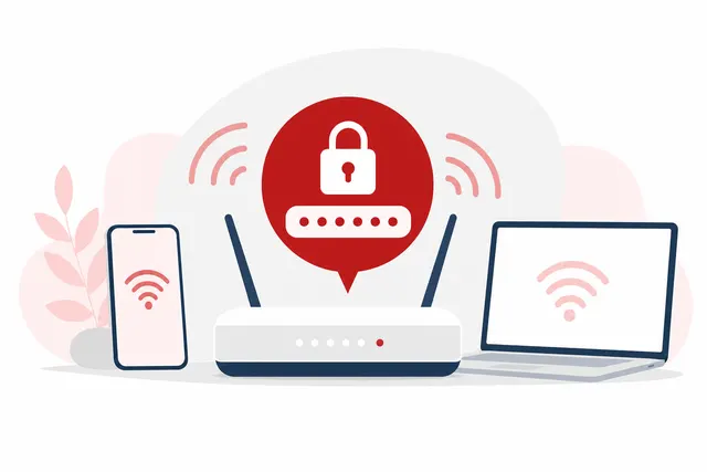 Router doméstico con un móvil al lado para cambiar la contraseña