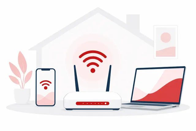 Router doméstico con cables de red y un móvil al lado