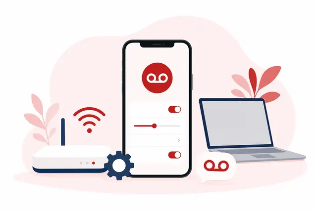 iPhone con la pantalla de ajustes de teléfono y un icono de buzón de voz
