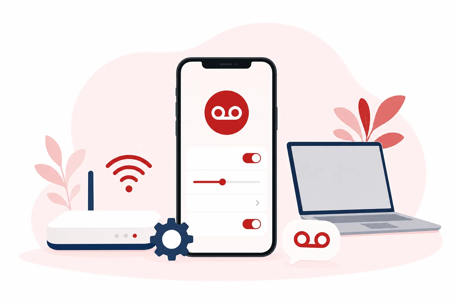 iPhone con la pantalla de ajustes de teléfono y un icono de buzón de voz