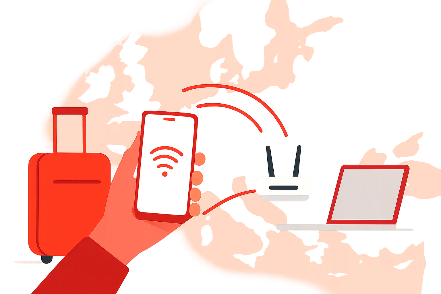 Ilustración de un móvil conectándose a una red de otro país durante un viaje